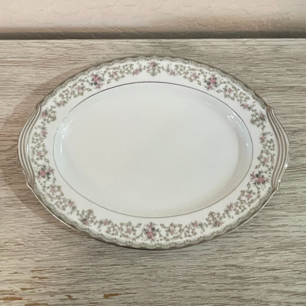 Noritake China Edgewood 5807 Platter Serving Oval Rose Floral Silver